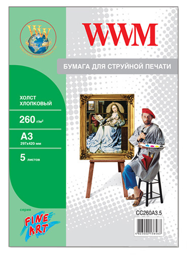 Фото-бумага Холст А3 260 г 5 л WWM натуральный хлопковый CC260A3.5