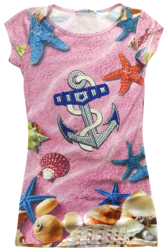 Платье р.134-152 стретч, розовое с якорем и стразами 14247