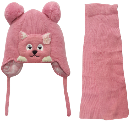 Шапочка вязаная для девочки, Amal с шарфом, р.5 розовая с животным 14180