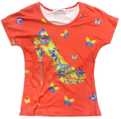 Футболка для девочки стретч, коралловая с туфлей и стразами р. 128-152 см 14239