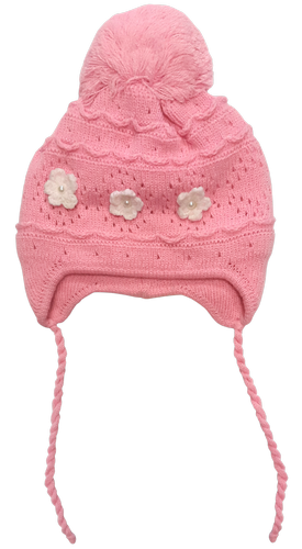 Шапочка вязаная для девочки с завязками и бубенчиком, с жемчугом 13130