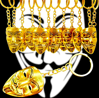 Брелок Маска ГайФокс металл золото 5см  06973