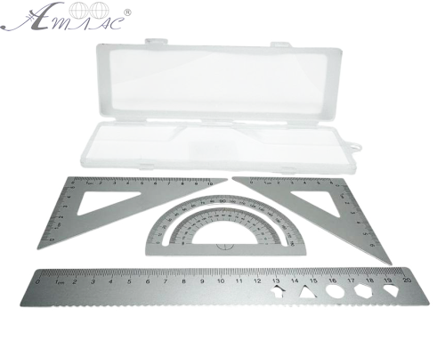 Набор Металл Линейка 20 см + 2 треугольника + транспортир, в пенале  11252