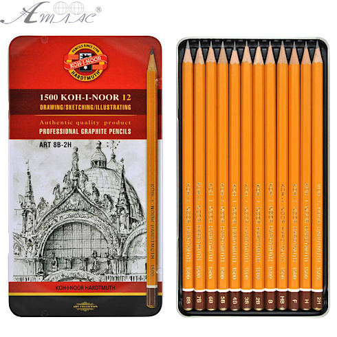 Олівці графітні набір K-I-N 12 шт. в металічній коробці 8B-2H 1502.II