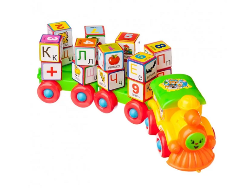 Игрушка Паровозик каталка с рус кубиками в блистере 2366С Игрушка Паровозик каталка с рус кубиками в блистере 2366С