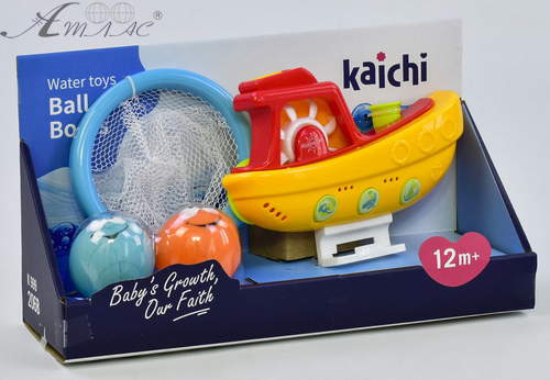 Игрушка для ванной Катер с двумя мячами, кольцо в коробке  999-206В