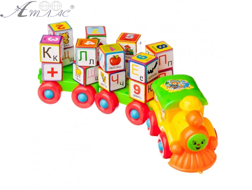 Іграшка Паровозик каталка з рос кубиками в блістері 2366С Іграшка Паровозик каталка з рос кубиками в блістері 2366С