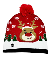 Шапка вязанная с подсветкой d=20+см красная с оленями  01668