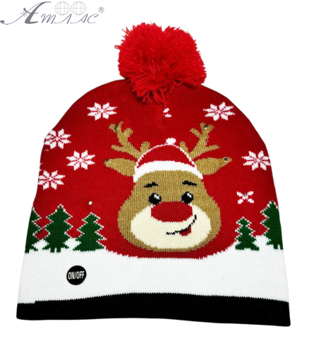 Шапка в'язана з підсвічуванням d=20+см червона з оленями 01668 Шапка в'язана з підсвічуванням d=20+см червона з оленями 01668