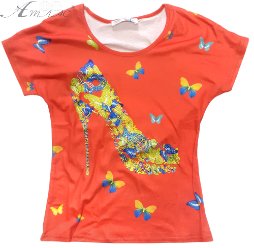 Футболка для дівчинки стретч, коралова з туфлею та стразами р. 128-152 см 14239 Футболка для дівчинки стретч, коралова з туфлею та стразами р. 128-152 см 14239