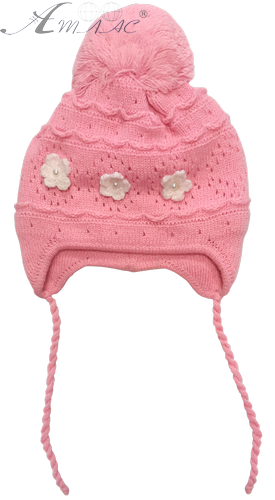 Шапочка вязаная для девочки с завязками и бубенчиком, с жемчугом 13130 Шапочка вязаная для девочки с завязками и бубенчиком, с жемчугом 13130
