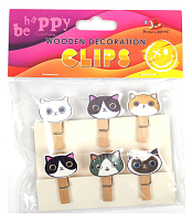 Прищепки декоративные Коты 6 шт деревянные 3,5 см   200179