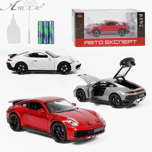 Машинка Автоэксперт Porsche 911 красная 18см двери свет звук дым  51466 