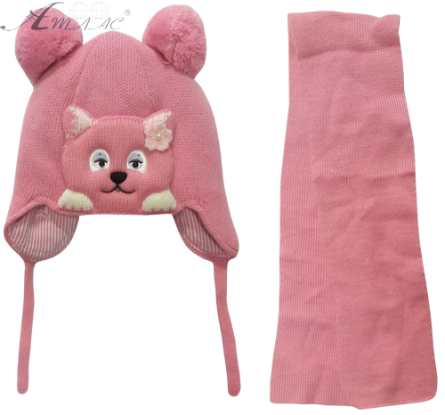 Шапочка вязаная для девочки, Amal с шарфом, р.5 розовая с животным 14180 Шапочка вязаная для девочки, Amal с шарфом, р.5 розовая с животным 14180