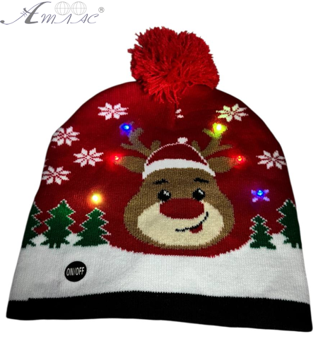 Шапка вязанная с подсветкой d=20+см красная с оленями  01668 фото 2