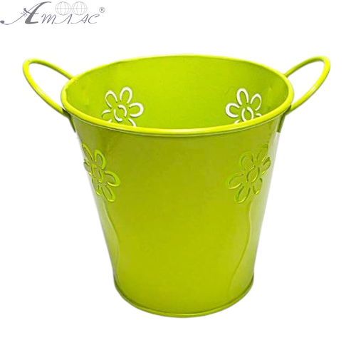 Відерце Кашпо Декоративний метал 11 х 11см з двома ручками та квітами Салатове  15729