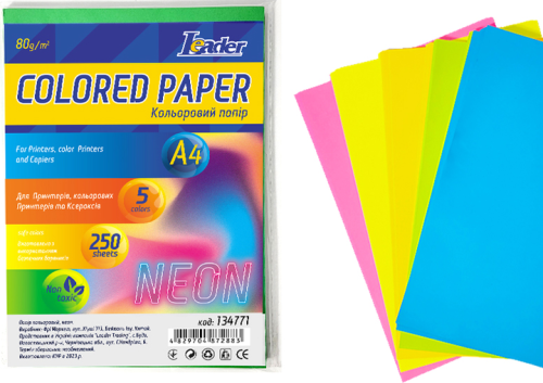 Бумага цветная A4 80 г микс 100 листов Неон 5 цветов  134781