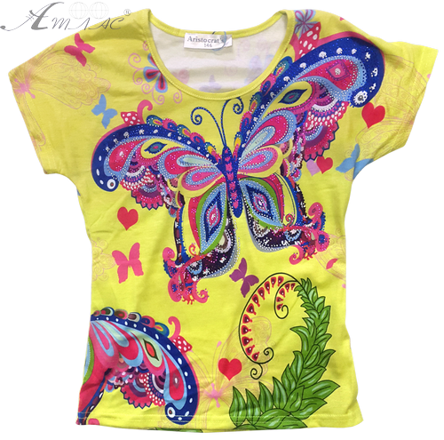 Футболка для дівчинки стретч, жжовта з метеликом та стразами р. 128-152 см 14238