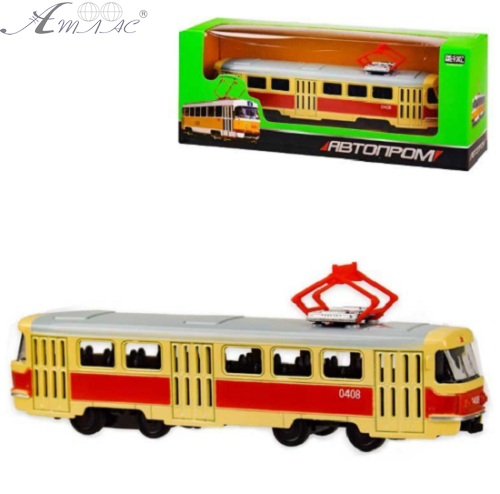 Модель Автопром Трамвай 15см металл красно - бежевый  6411А